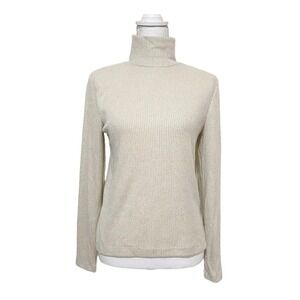 St. John NWT Turtleneck Long Sleeve Metallic Ribbed Top Cream Gold Womens Size M